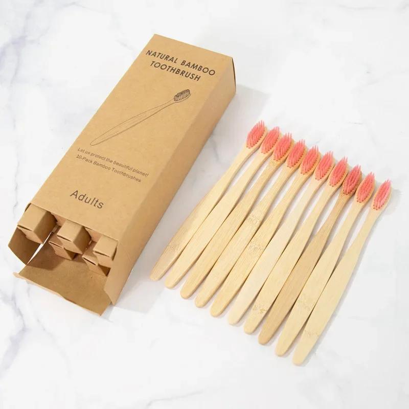 

10 шт. Бамбукова зубна щітка Екологічна дерев яна зубна щітка М яка щетина Кінчик з деревним вугіллям Дорослі Догляд за порожниною рота Зубні щітки Готель Подорож рожевий