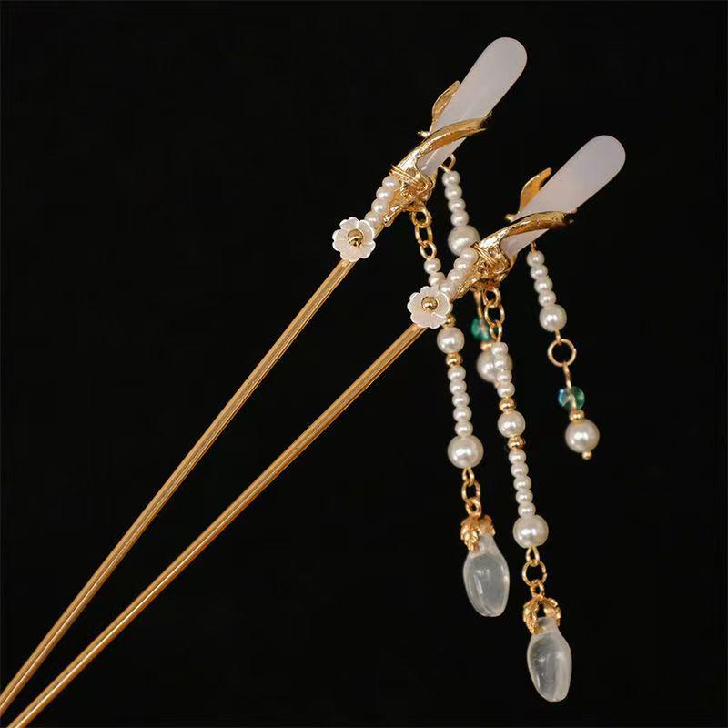 Ming-Style Auspicious Cloud Hairpin with Faux Jade Tassel and Pearls - Hanfu Hair Accessory