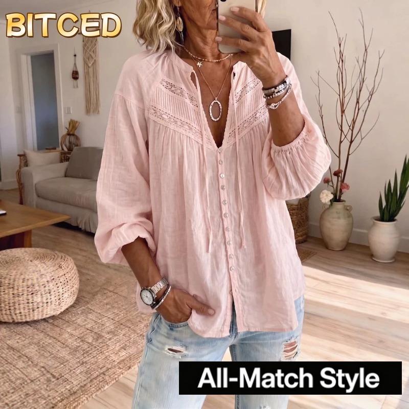 BITCED Women's Fashion Casual V-Neck Long Sleeve Blouses & Shirts