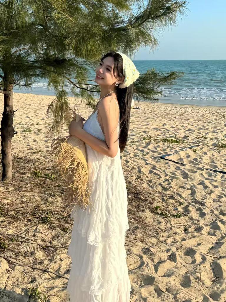 Elegante Vestito da Spiaggia Bianco Senza Maniche Stile Fata Francese per Donna