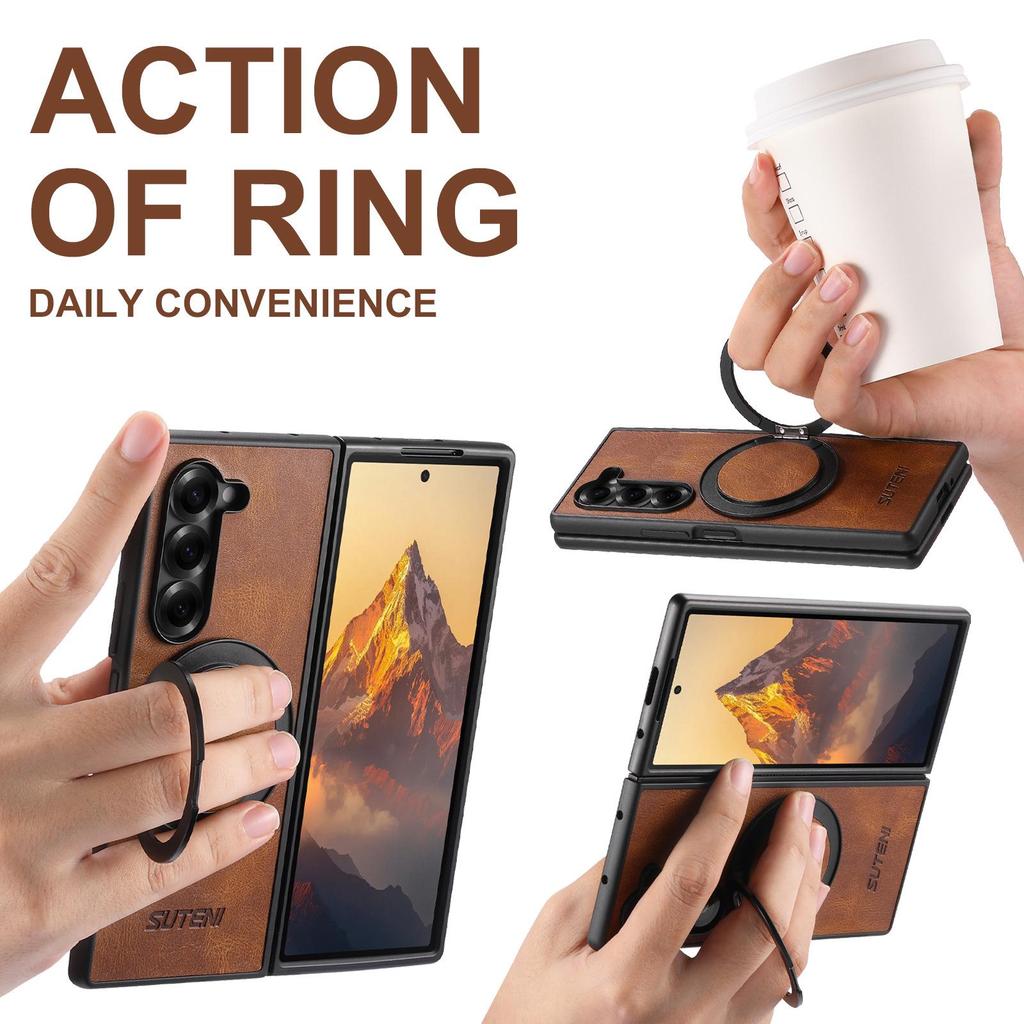 Samsung Z Fold7/6/5 Magnetic Wireless Charging Leather Case with 360° Rotating Ring Stand