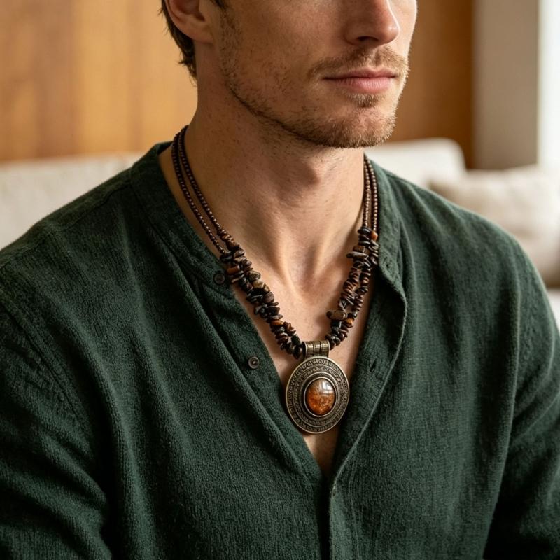 Vintage Bead Necklace with Round Pendant, Irregular Stone-Look Strand and Adjustable Length for Simple Sweaters Shirts and T Shirts