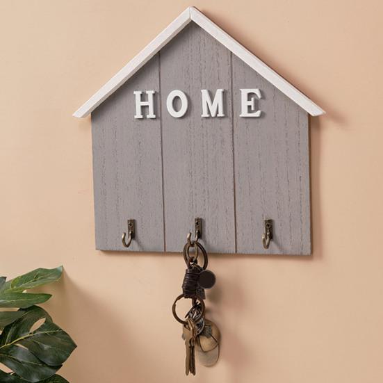 Wall Mount Key Holder Wooden House Shaped Keychain Organizer with 3 Hooks Rustic Key Rack for Entryway Bathroom Hallway Kitchen