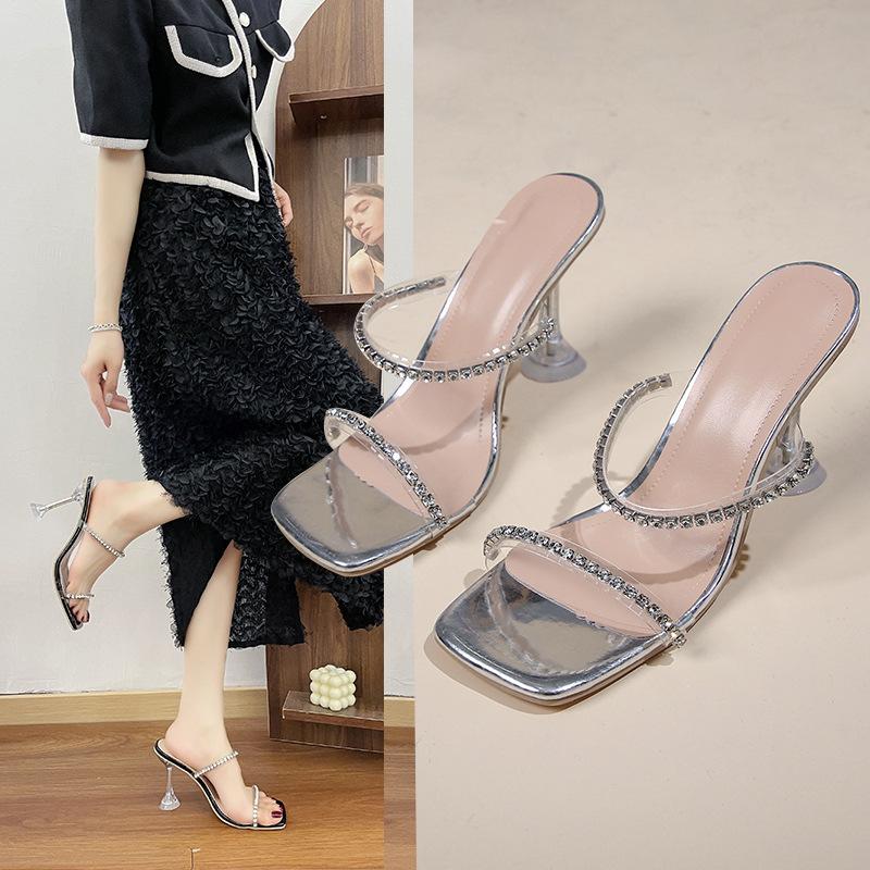 New Transparent High Heels Square Head Stiletto One-word Diamond with Cool Slippers Wine Glass Heel