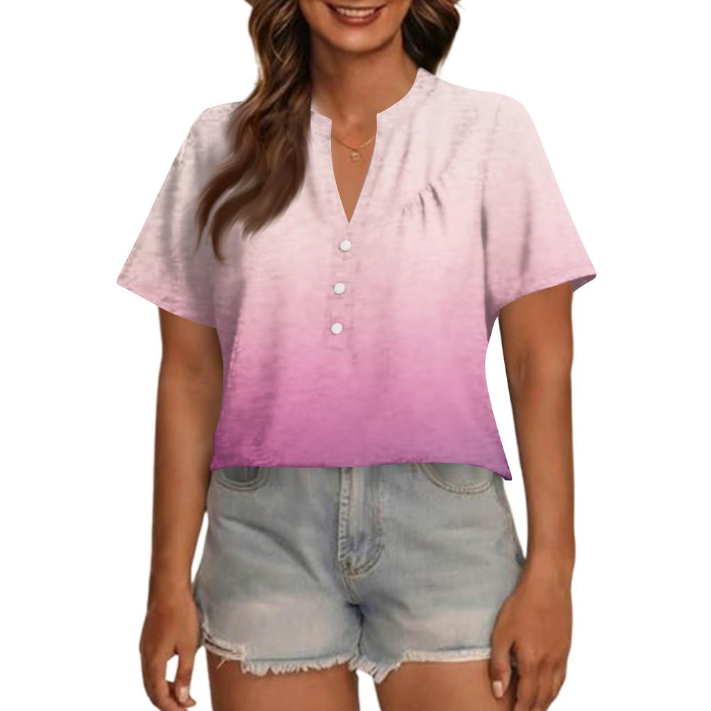 Women's Fashionable Casual V Neck Button Up Oversized Short Sleeve Printed Top
