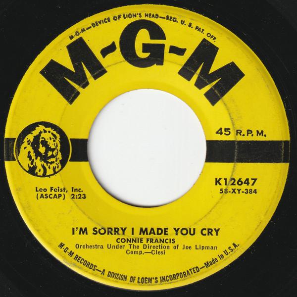 

7inch Record CONNIE FRANCIS Im Sorry I Made You Cry K12647 MGM Records 1958 US Rock Used