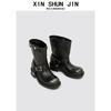 Polished Coarse Heel Martin Boots Locomotive Style Black Simple Knight Boots Round Head Thick Sole Heightening Sleeve Female