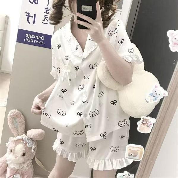 

ins wind kitten pajamas women s summer short-sleeved shorts cute suit beautiful girls can wear casual loungewear s [recommended weight 35-40kg]