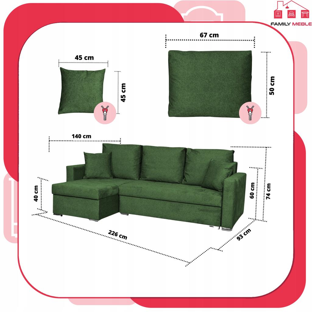 Bella Corner Sofa Bed with Sleeping Function, Corner Sofa, Family Furniture, Green Velvet