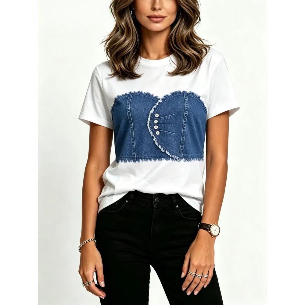 Summer Denim Pattern 3D Print Loose Short Sleeve T-shirt Breathable Women Casual Comfortable Creative Versatile Sports T-shirt