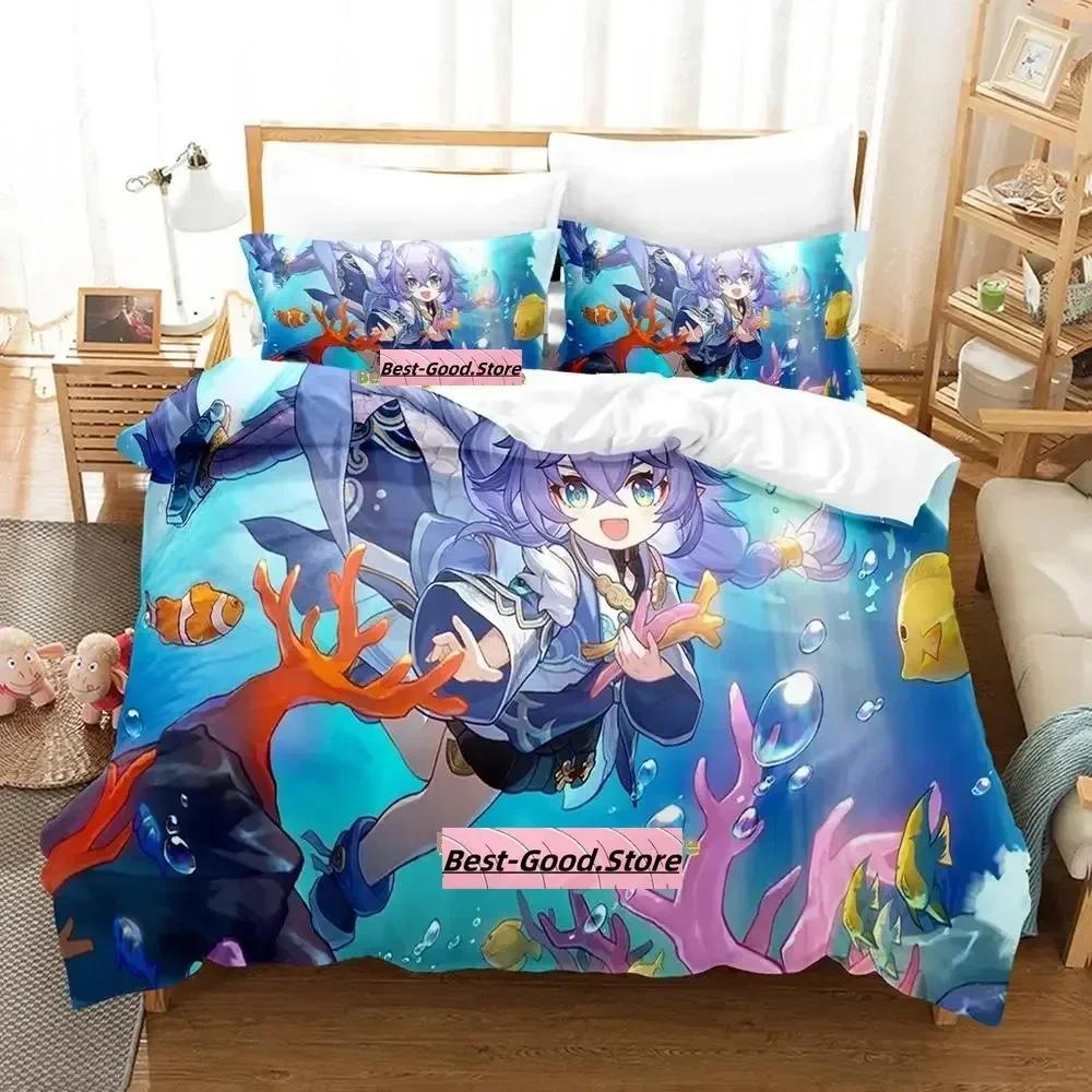 Kawaii Honkai Star Rail Bedding Set Printed Bed Set With Pillowcase Duvet Cover Single Double Queen King Size Adult Kid Bedroom