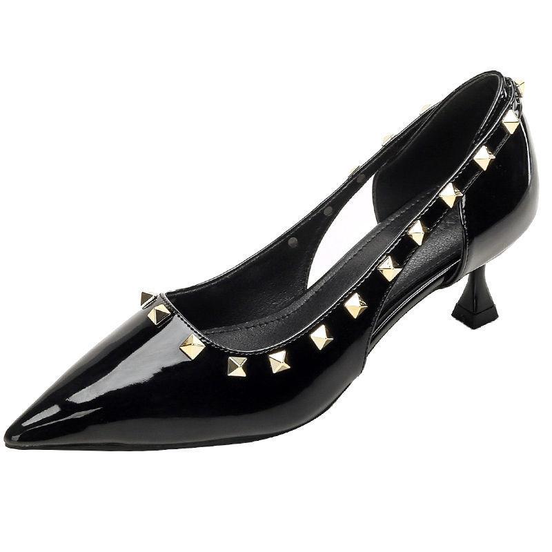 

Босоножки с вырезами по бокам, женские летние туфли-стилеты на высоком каблуке с заклепками, на среднем каблуке, с острым носком, на маленьком каблуке, на низком каблуке, телесные, одинарные туфли 40 чёрный