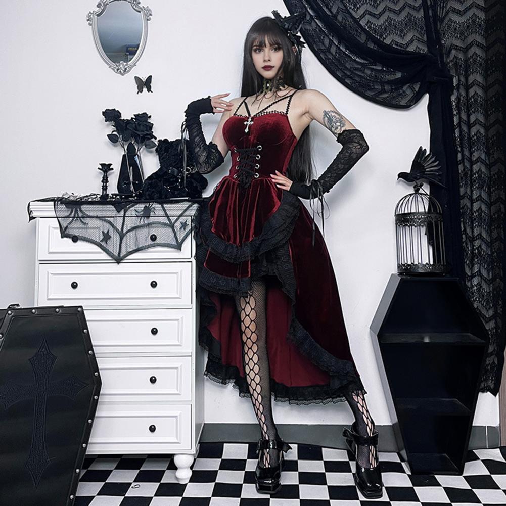 Women Cosplay Dress Dark Style Halloween Party Costume Lace Patchwork Irregular Hem Sleeveless Tight Waist Ruffles Adjustable Wa