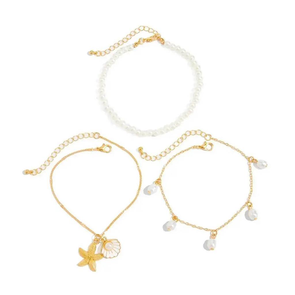 SHIXIN 3Pcs/Set Vintage Gold Color Starfish Conch Pendant Anklet Chain for Women Summer Imitation Pearl Foot Chain Beach Jewelry