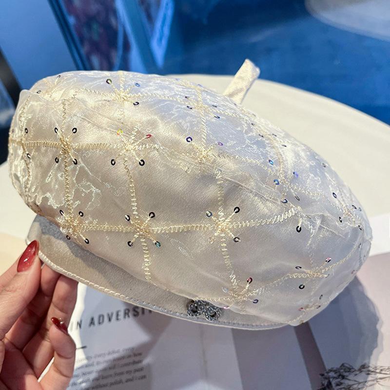 New retro sequined rhinestone butterfly mesh beret women's spring and summer fashion versatile face small painter hat