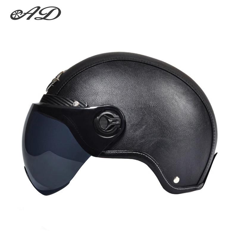 AD Retro Motorcycle Helmets with Harley Visor Leather Helmet for Man Electric Motorbike Vintage Protected Motor Safety Cap