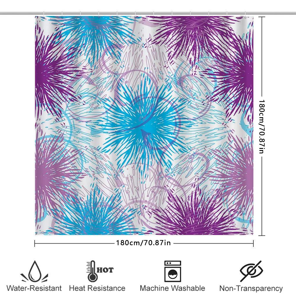 Colorful Burst Shower Curtain Modern Blue Purple Floral Design For Bathroom Decor Polyester Fabric With Metal Rings, Size 72X84'
