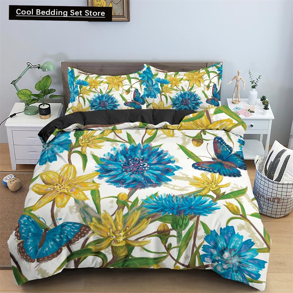 Watercolor Flowers King Queen Duvet Cover Colorful Blooming Floral Bedding Set for Teen Adult Plant 2/3pcs Polyester Quilt Cover