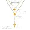 Gold Plated Double Layer Rosary Style Necklace with Cross, Virgin Mary and Angel Charms and Pearls Fashion Jewelry for Women