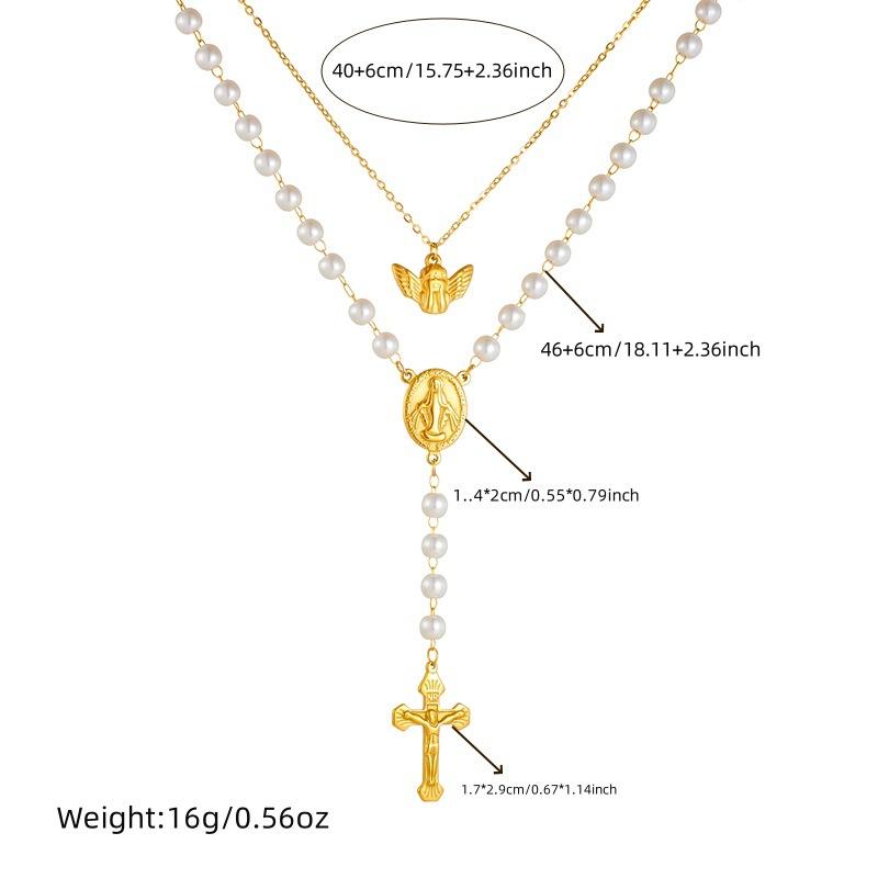 Gold Plated Double Layer Rosary Style Necklace with Cross, Virgin Mary and Angel Charms and Pearls Fashion Jewelry for Women