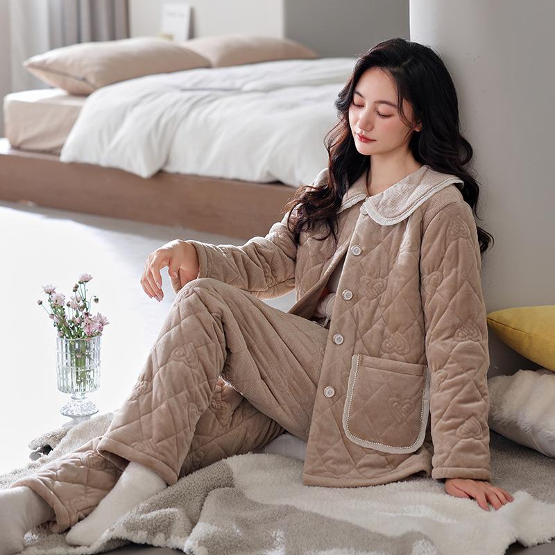 Pajamas Women'S Autumn And Winter Fleece Coral Fleece Winter Three-Layer Thin Cotton-Padded Warm Loungewear Set