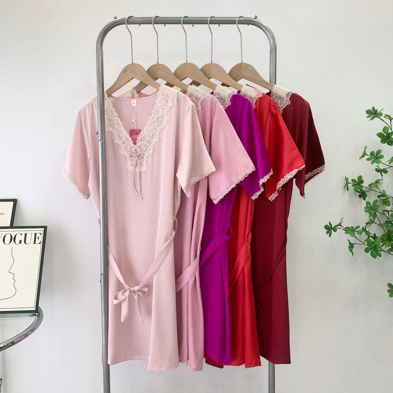 Clearance Sale Special Offer Summer Dress Shoelace Silk Nightdress V Neck Ruffled Short Sleeves Thin Homewear Mid-Length Skirt