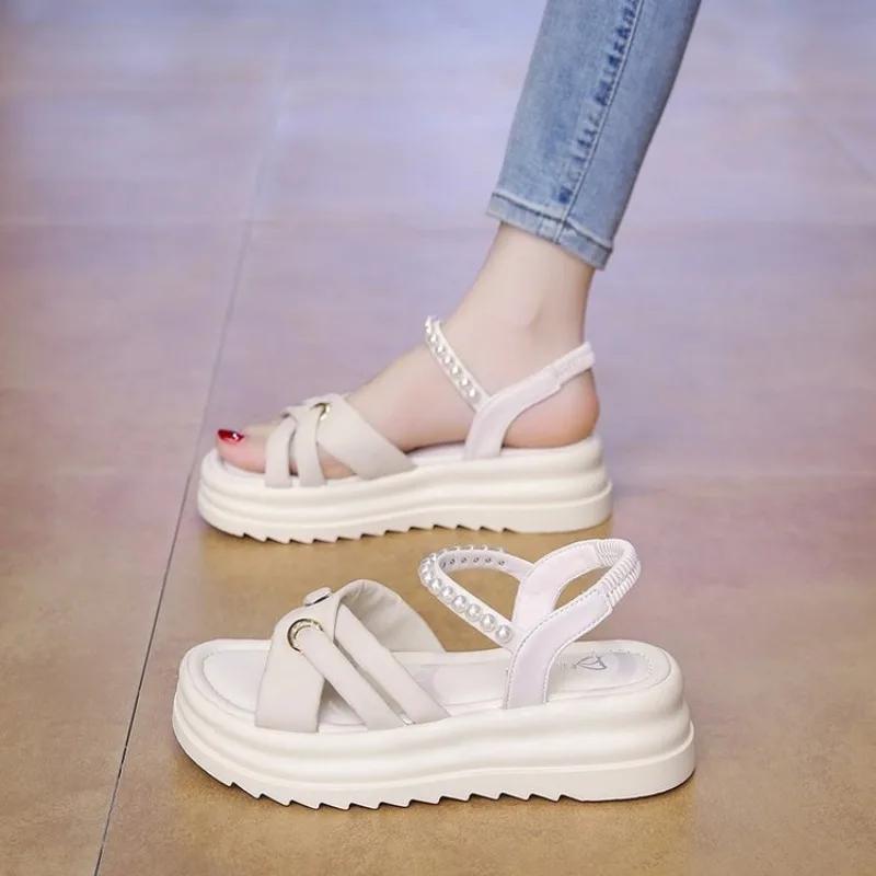 

Fashion 2025 New Style Thick Bottomed High Heels Black Sandals With Skirt Roman Style Shoes For Ladies Plus Size 34 бежевый