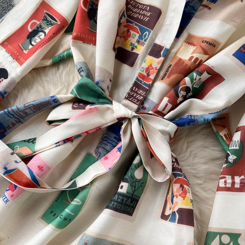 RUGOD Europe and the United States Design Sense Print Dress Women's Lace-up Waist Slimming Western-style Long-sleeved A-line Dress