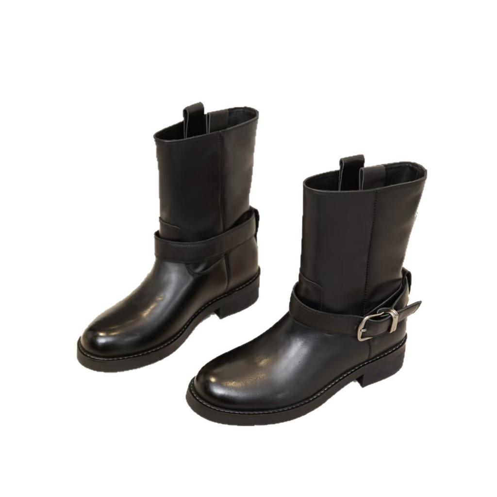 First-layer Cowhide Knight Boots 2025 Autumn and Winter Medium Tube Thin Boots Thick-soled Velvet Locomotive Martin Boots