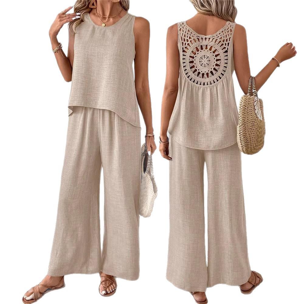 YYFS Women's Fashion Casual Spring Autumn Solid Color Print Sleeveless O-Neck Trousers Pants Suits