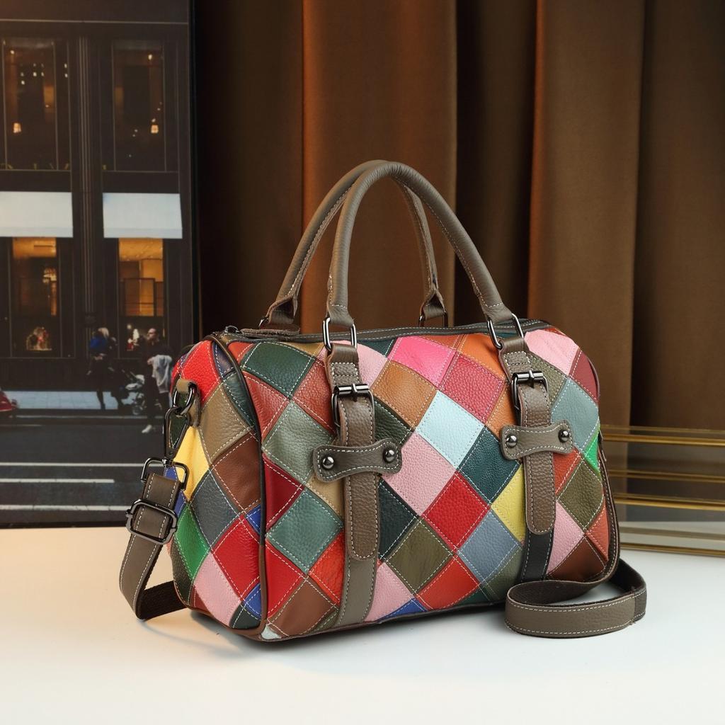 Textured Cowhide Handbag Contrasting Colors Casual Versatile Shoulder Messenger Boston Bag Travel Large-Capacity Bag