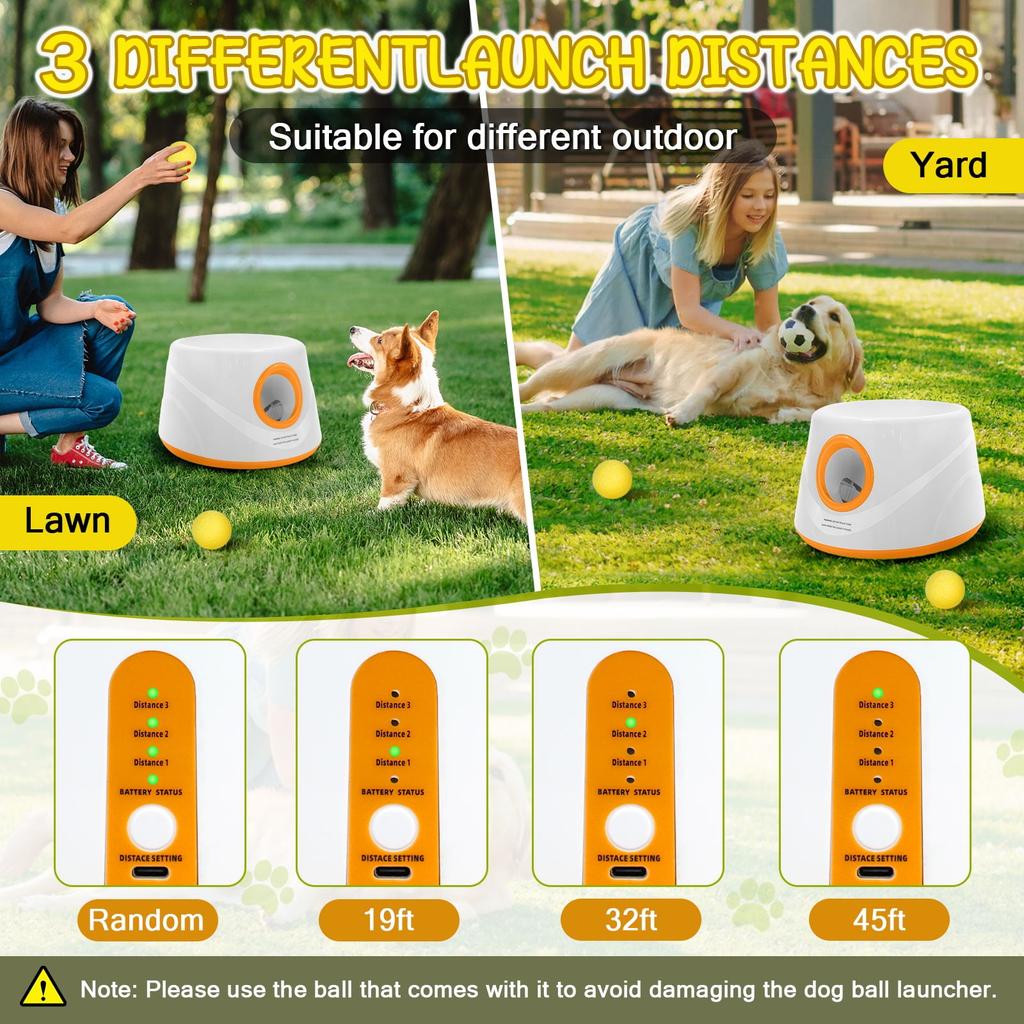 Lanceur de balles automatique pour chiens, Machine interactive de lancer de balle avec 3 niveaux de distance(20-46 pieds) & 5 Balles, Lanceur de Balle pour Chien pour Jouer à l'Intérieur et à l'Extérieur