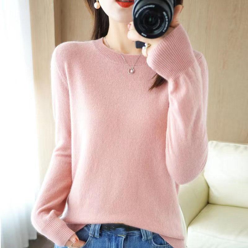 Fashion Merino Wool Sweater Elegant Cashmere Pullover Women O-Neck Long Sleeve Knitwear Basic Clothing Jumper Tops