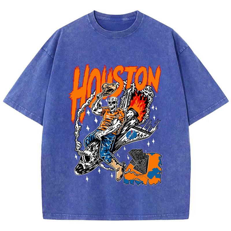 Casual Womans Acid Wash T-Shirts Houston Skeleton Manga Prints Tops Distressed Crewneck Cotton Tee Shirts Clothes