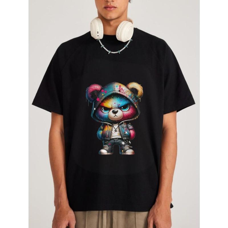 Cute Bear Hoodie Design White T-Shirt with Colorful Graffiti Bear Pattern for Casual Wear and Street Style Outfits