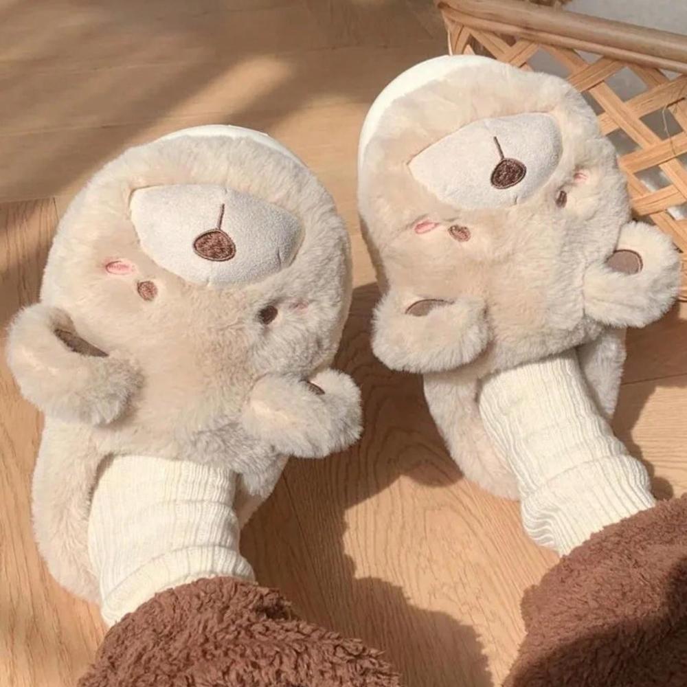 Fashion Cute Bear Single Band Winter New Women Slipper Soft Heel Platform Fur Warm Indoor Comfortable Home Fluffy Home Slippers
