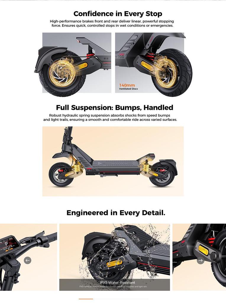 Elektroroller Engwe Y700 10" 1200W Spitzenmotor Vollgefedert Elektroroller für Erwachsene Höchstgeschwindigkeit 20 km/h 48V 18,2AH Schwarz