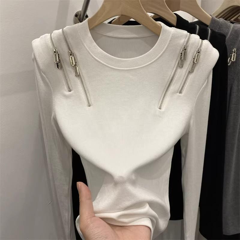 Early Autumn Design Pull-over Padded Shoulder Ribbed Long-sleeved Base Layer T-shirt for Women