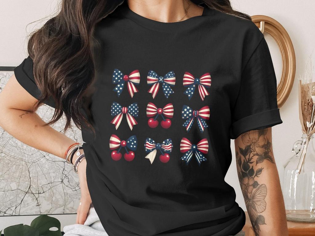 Patriotic Bow T-Shirt, Vintage Americana Fourth of July Tee, Coquette Bow Cherry Shirt, Cute Summer Red White Blue Stars Stripes Gift Her
