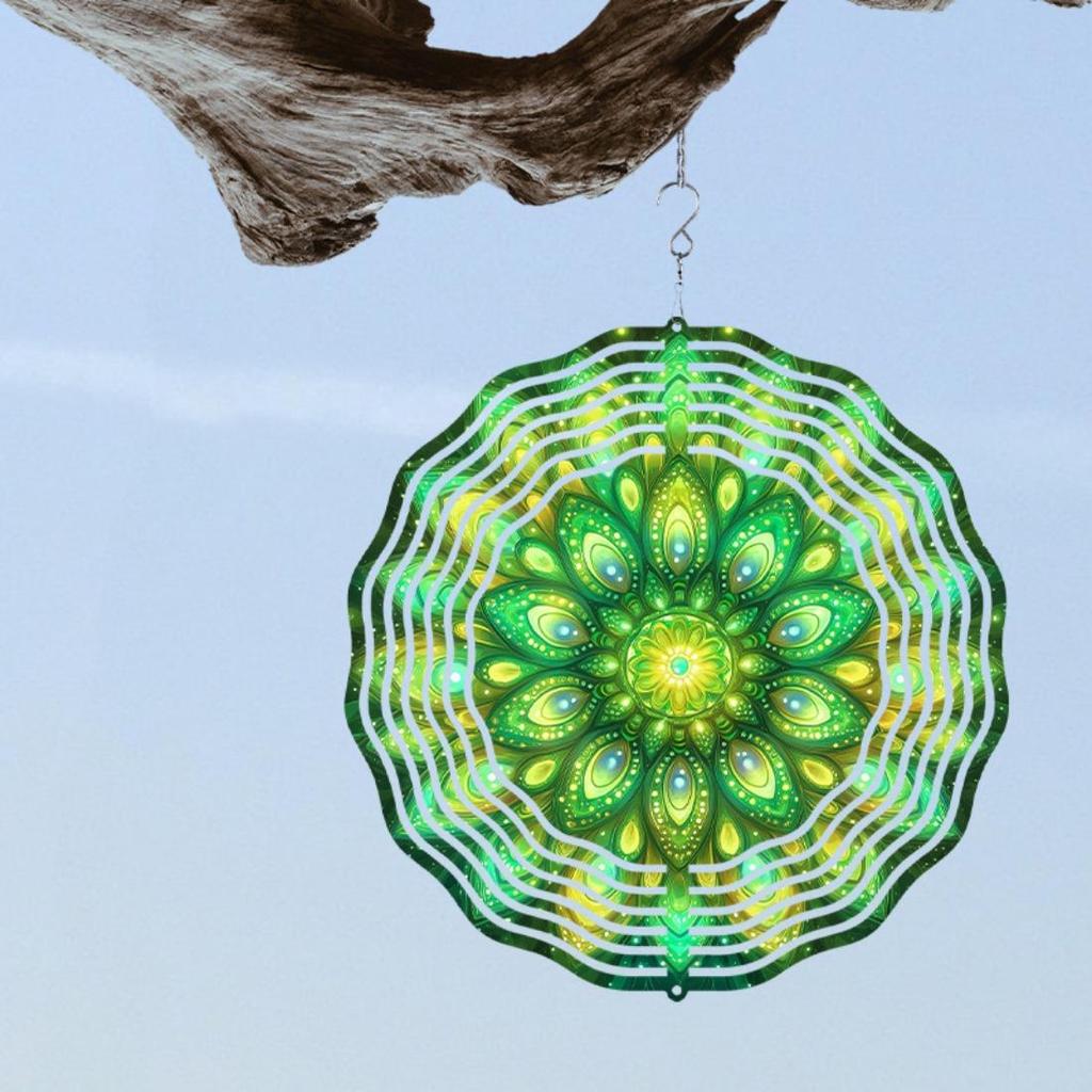 Green Mandala Hanging Wind Spinner, Metal Garden Wind Chime, Outdoor Yard Decor with 360° Rotating Hook, Durable and Reflective, No Battery Needed