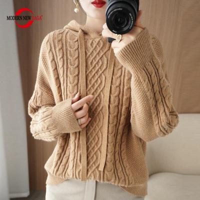 Strikket hettegenser for kvinner MODERNE NEW SAGA Vinter tykk strikket genser Genser Høst Cashmere Ull Gensere Dame Genser