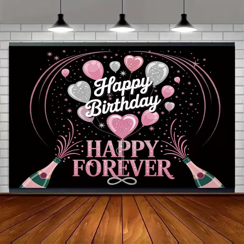 2D Happy Forever Birthday Backdrop, 2D Pink Silver Party Background for Photoshoot