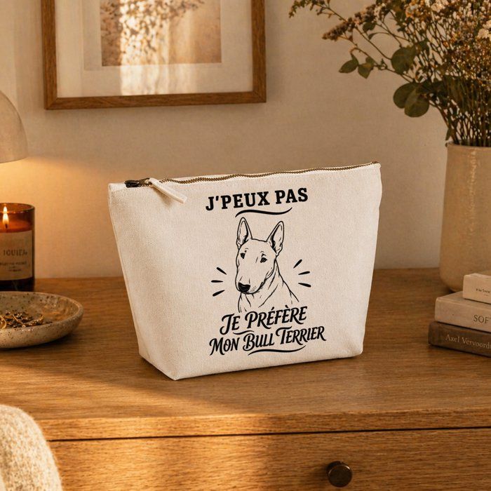 Trousse de toilette - PLANETEE - J'peux pas je préfère mon Bull Terrier - 100% coton beige - 3 L - Zip métal