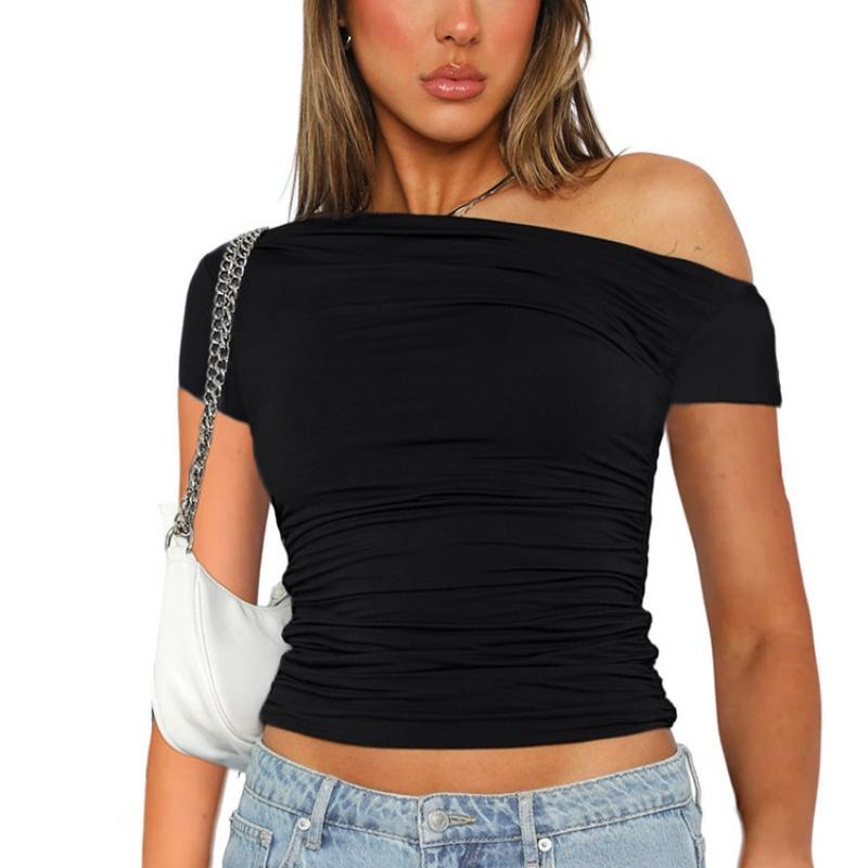 High Elasticity Fabric Solid Color Slash Shoulder Short Sleeve Shrinkage Pleated Navel Reveal Top Ladies Casual Tops