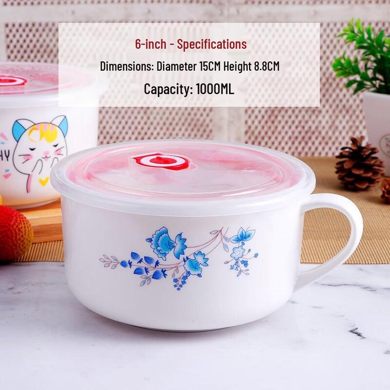 ZISIZ Cartoon Enamel Noodle Bowl with Handle and Lid