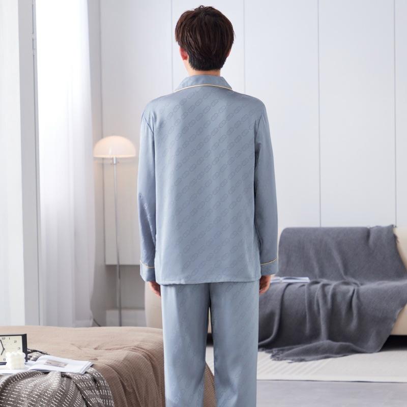 1011 New Pajamas Men's Ice Silk Long-sleeved Spring and Autumn Thin Jacquard High-end Men's Silk Loungewear Suit