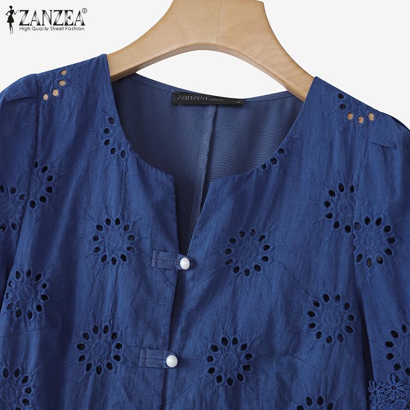 ZANZEA Women Casual Round Neck Short Sleeve Lace Crochet Patchwork Blouse