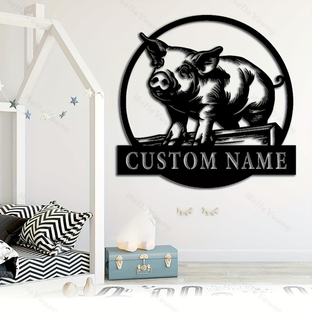 Customizable Metal Pig Silhouette Wall Art, Family Name Sign for Farmhouse, Home Garden Holiday Decor