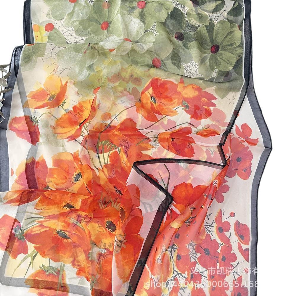 Neuer Sonnenschutz Langer Seidenschal Mohnblume Dünne Imitationsseide Frühling und Sommer Georgette Dekoration Damen Bedruckter Schal