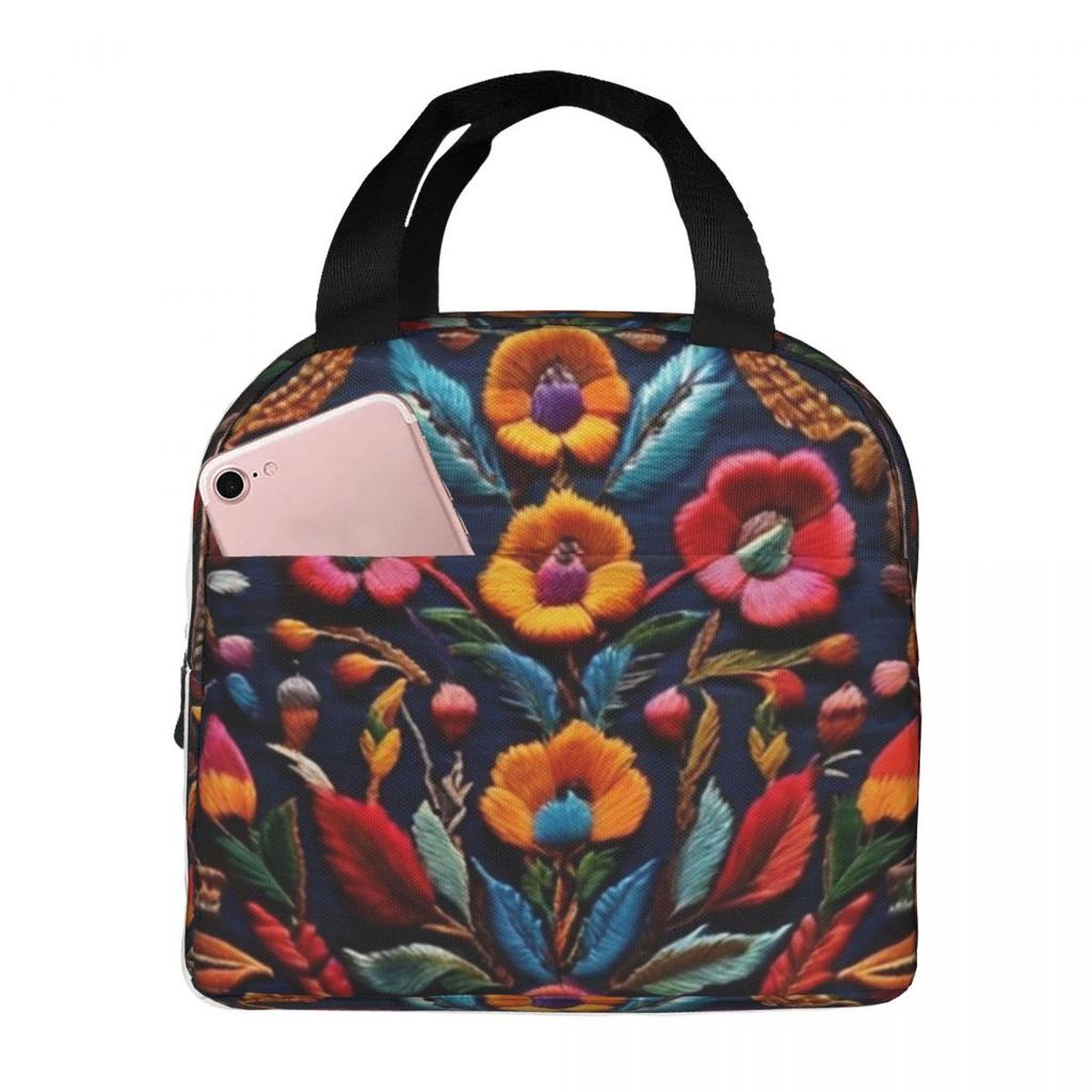 Mexican Embroidery Floral Insulated Lunch Bag for Women Children Leakproof Food Boxes Thermal Lunch Box Tote